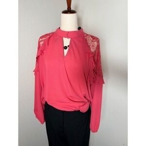 Torrid 1X Coral Pink Lace Ruffle Mock Neck Keyhole Long Sleeve Blouse Top
